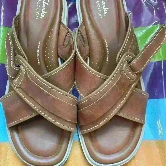 Ladies Clark Collection sandal light brown with white piping - Picture 3 of 10